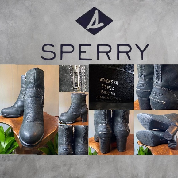 Sperry Black Leather Heeled Zippered Boots size 8 chunky heel Like new - Picture 9 of 9